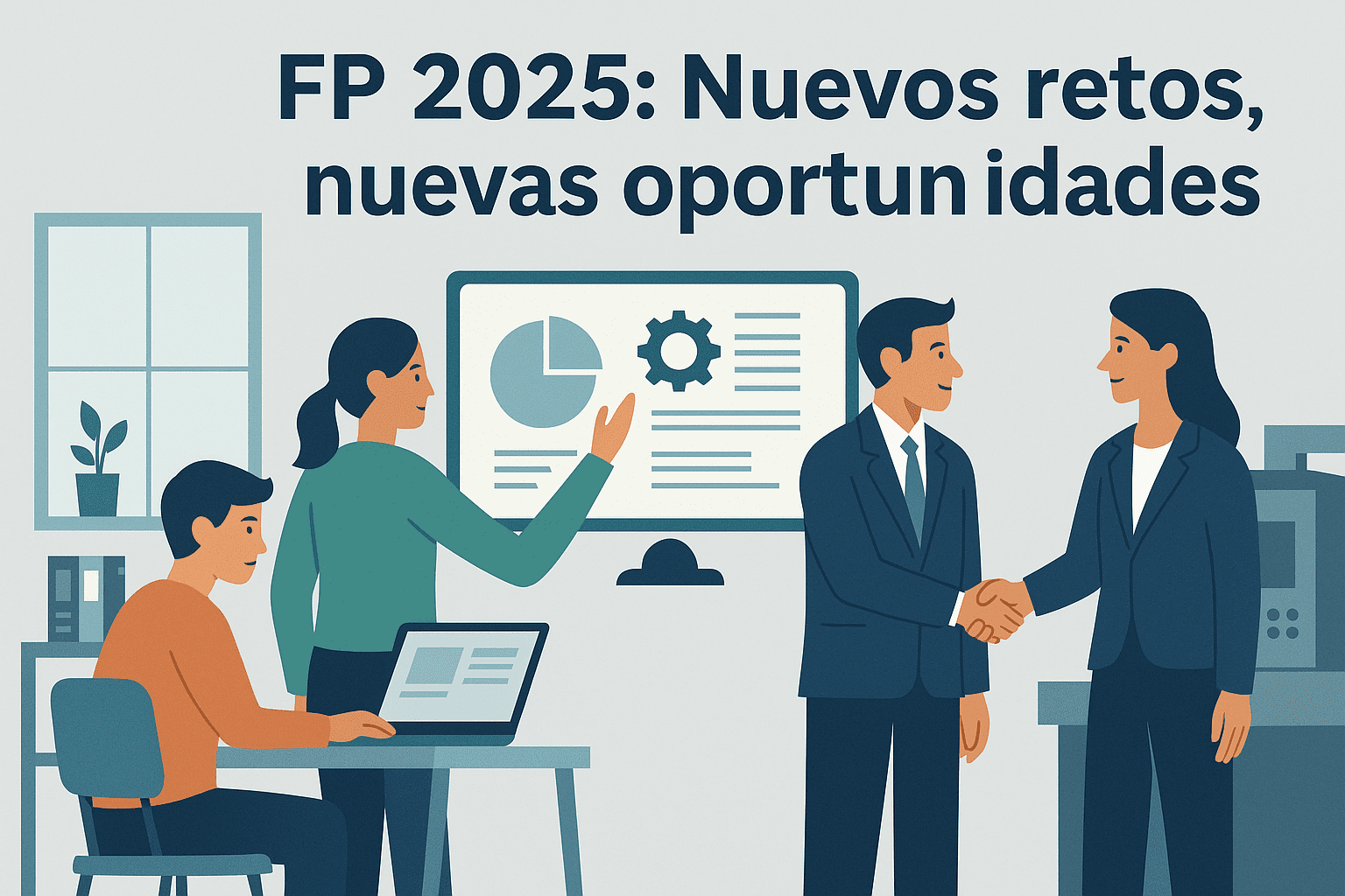 Alumnos y profesores en un centro de Formación Profesional adaptándose a los cambios de la Ley de FP 2025, con tecnología y colaboración empresarial